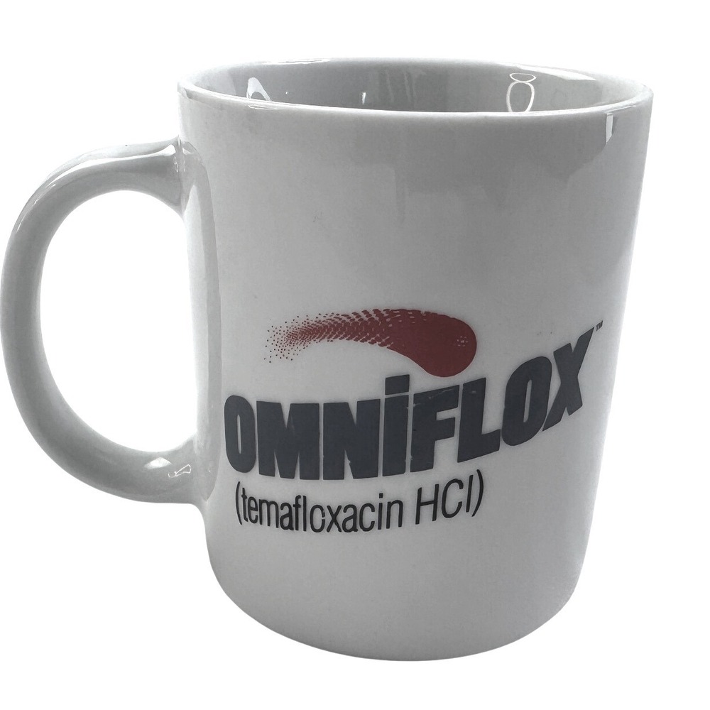 Vintage Omniflox Temafloxacin HCl Pharmaceutical Medical Promo Coffee Mug White